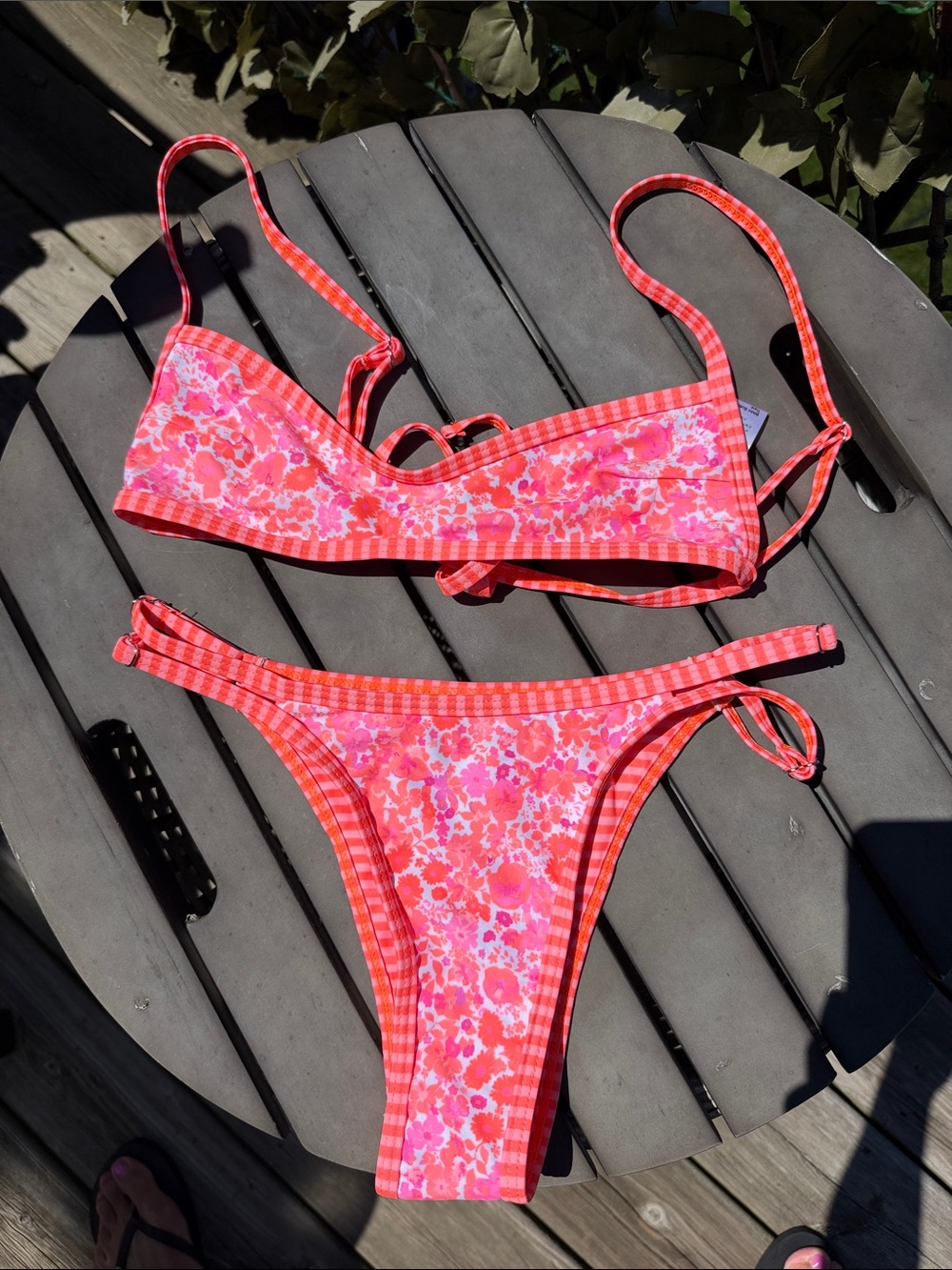 SHEIN Pink & Orange Floral Gingham Bikini Set